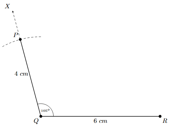 Step 3: Point P is marked on ray QX at a distance of 4 cm from Q.